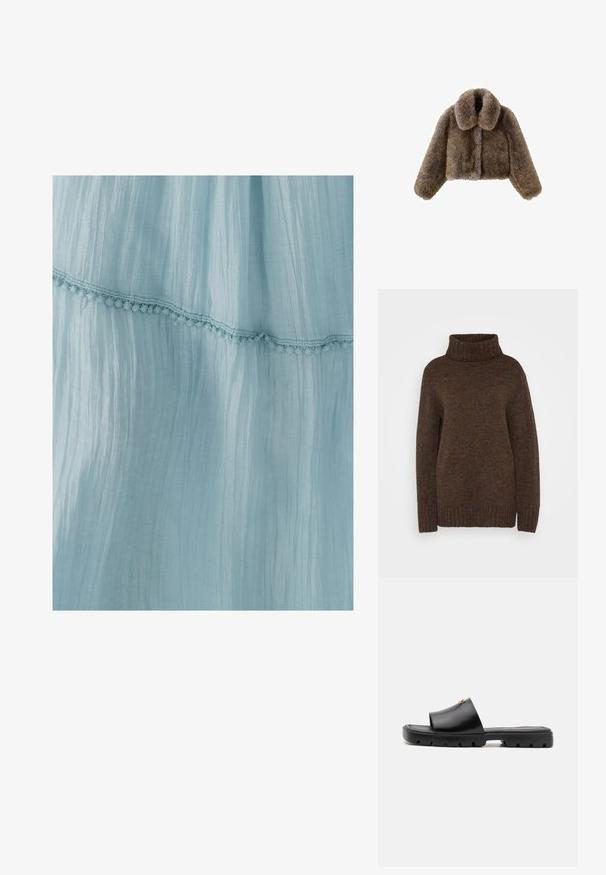 Giacca cropped in pelliccia sintetica marrone con un ampio colletto, maniche lunghe, superficie testurizzata e chiusura frontale. Dettagli di design morbidi e pelosi.; Pullover in maglia marrone con colletto alto a coste, vestibilità ampia e tessuto testurizzato con sottili venature multicolori.; Abito blu chiaro realizzato in tessuto plissettato, con un bordo decorativo in pizzo lungo l'orlo. La texture è morbida e leggera.; Mule nere con una tomaia in pelle liscia e opaca e una suola in gomma spessa e testurizzata. Accento in oro notevole sulla tomaia. Design semplice e aperto.; Borsa a pochette in morbido pelliccia sintetica marrone scuro con parte superiore arricciata e cordini neri da entrambi i lati.