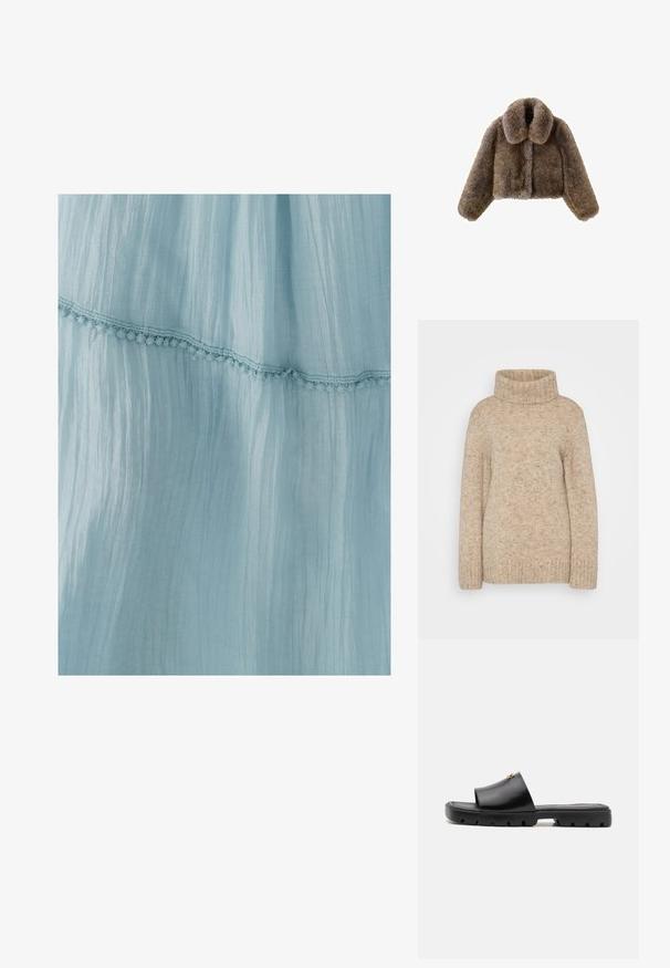 Brun fuskpäls kort jacka med bred krage, hela ärmar, texturerad yta och framknäppning. Mjuka och fluffiga design detaljer.; Beige stickad turtlenecktröja med ribbad krage, långa ärmar och en texturerad yta med subtila flingor. Avslappnad passform.; Ljusblå klänning i krinklad tyg, med en dekorativ spetskant längs fållen. Texturen är mjuk och luftig.; Svarta mule-skor med en jämn, matt läderovandel och en tjock, texturerad gummisula. Märkbar guldfärgad detalj på ovandelen. Enkel, öppen design.; Mjuk mörkbrun fuskpälsväska med samlad topp och svarta dragsnören på varje sida.