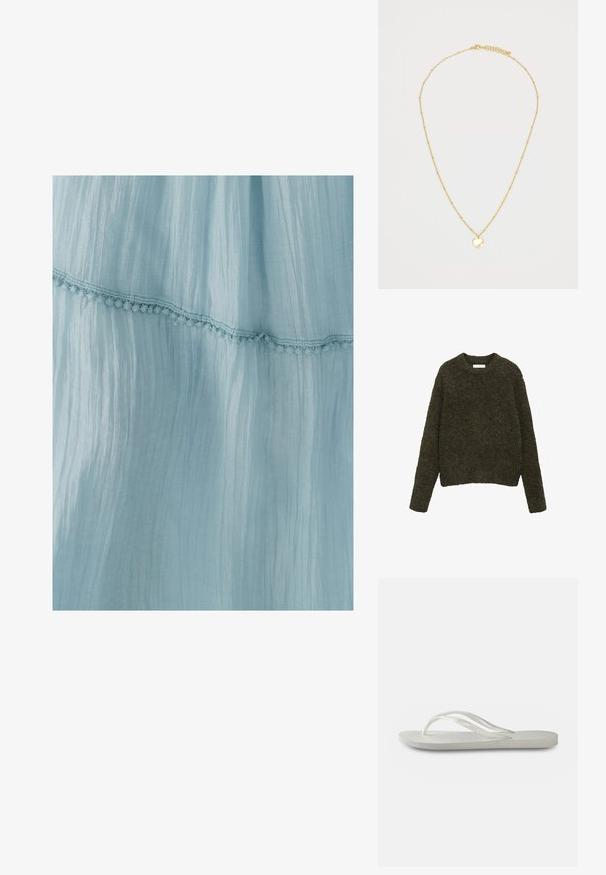 Ruskea keinoturkis cropped-takki, jossa on leveä kaulus, täysipitkät hihat, teksturoidut pinnat ja etukiinnitys. Pehmeät ja ylelliset muotoiluyksityiskohdat.; Tummanvihreä, teksturoitu neulepaita, jossa on pyöreä kaula-aukko ja pitkät hihat; pehmeä lanka, joka näyttää pörröiseltä, lyhyt malli.; Vaaleansininen mekko, joka on valmistettu ryppyisestä kankaasta ja jossa on koristeellinen pitsireunus helman ympärillä. Kankaan rakenne on pehmeä ja ilmava.; Valkoinen flip-flop, jossa on kuvioitu pohja, ohut hihnasto ja tasainen muotoilu. Valmistettu kumista ja siinä on hillitty logo jalkapohjassa.; Pehmeä tumma ruskea tekoturkispussi, jossa on rypistynyt yläosa ja mustat nyörit kummallakin puolella.; Kultaketju, jossa on hieno ketju, pieniä tasaisesti aseteltuja helmiä ja pyöreä riipus. Riipus on sileä ja heijastava pinta.