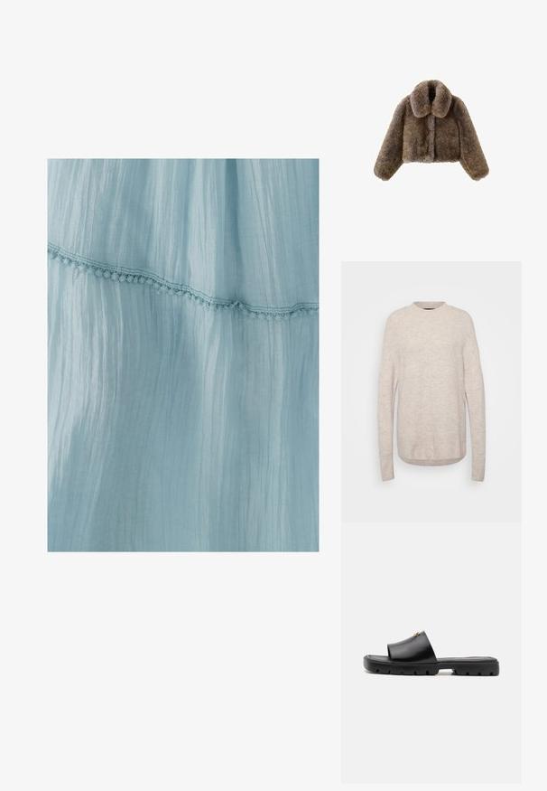 Brown faux fur cropped jacket with a wide collar, full sleeves, textured surface, and front closure. Soft and plush design details.; Light beige knitted sweater with a round neck, ribbed hem, and long sleeves. The fabric has a soft, textured appearance.; Light blue dress made of crinkled fabric, featuring a decorative lace trim along the hem. The texture is soft and airy.; Black mules with a smooth, matte leather upper and a thick, textured rubber sole. Notable gold hardware accent on the upper. Simple, open design.; Soft dark brown faux fur pouch bag with gathered top and black drawstring cords on each side.