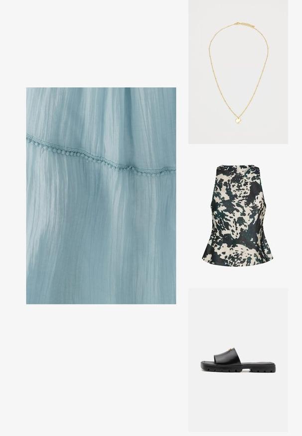 Hnedá umelá kožuchová skrátená bunda so širokým golierom, plnými rukávmi, štruktúrovaným povrchom a predným zapínaním. Mäkký a plyšový dizajn.; Gestuz CERI - Blúzka - green ox; Svetlomodré šaty vyrobené z pokrčeného materiálu, s ozdobným čipkovaným lemom na spodnom okraji. Textúra je jemná a vzdušná.; Čierne mule s hladkým, matným koženým zvrškom a hrubou, textúrovanou gumovou podrážkou. Výrazný zlatý kovový detail na zvršku. Jednoduchý, otvorený dizajn.; Hnedá kabelka z umelého kožúška so záhybovým dizajnom a sťahovacou šnúrkou. Mäkká textúra, zaoblený tvar a minimalistický štýl.; Zlatý náhrdelník s jemným reťazcom, na ktorom sú malé, rovnomerne rozmiestnené korálky a okrúhly zavesený prívesok. Prívesok má hladký, lesklý povrch.