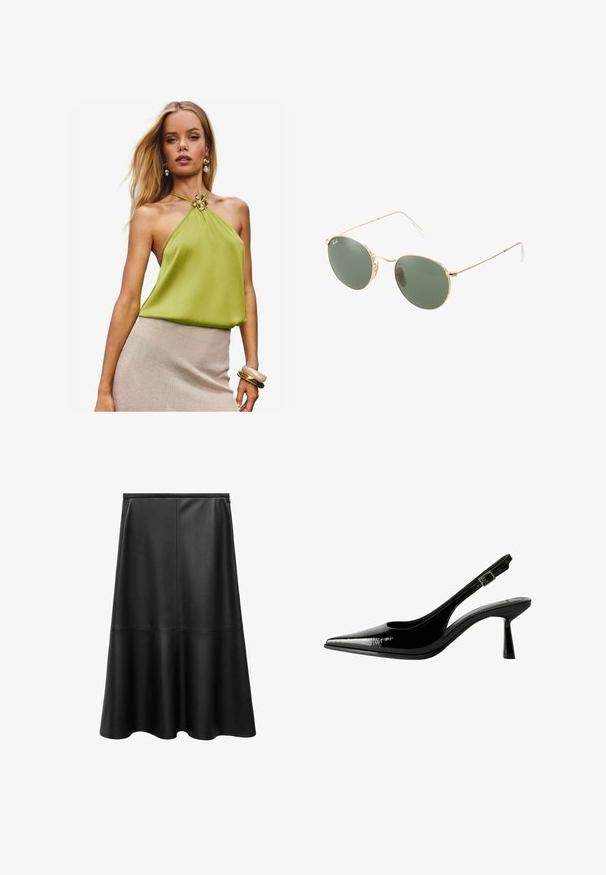 Hnedá umelá kožuchová skrátená bunda so širokým golierom, plnými rukávmi, štruktúrovaným povrchom a predným zapínaním. Mäkký a plyšový dizajn.; Zelený halter top s plisovanou textúrou, s zlatým kvetinovým akcentom na krku. Nosí sa s béžovou textúrovanou sukňou a nahrňovanými náramkami.; Čierna kožená sukňa, A-čkový strih, po kolená, hladká textúra, detaily švov, rozšírený lem a skrytý zips na zadnej strane.; Čierne lakované kožené slingback lodičky s špicatou špičkou, vyrezávanými bokmi, nastaviteľným remienkom okolo členka a tenkým, elegantným podpätkom.; Slnečné okuliare s zlatým kovovým rámom a zelenými šošovkami, okrúhly tvar, tenké nožičky a biele plastové akcenty na koncoch ramien.; Mäkká tmavohnedá taška z umelého kožušiny s zhromaždeným vrchom a čiernymi šnúrkami na každej strane.; Zlaté kruhové náušnice s textúrovaným povrchom, s radom drobných čírych kryštálov pozdĺž okraja a zarážkou na náušnice.