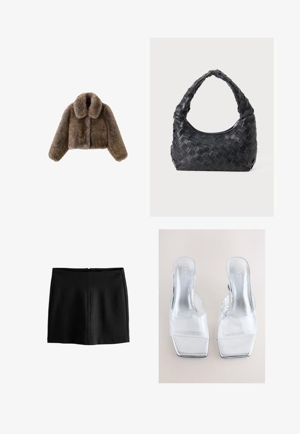 Giacca cropped in pelliccia sintetica marrone con un ampio colletto, maniche lunghe, superficie testurizzata e chiusura frontale. Dettagli di design morbidi e pelosi.; Maglietta nera a maniche lunghe in un tessuto morbido, con un ampio scollo e una vestibilità leggermente rilassata, priva di motivi visibili o dettagli in metallo.; Gonna nera a trapezio in tessuto liscio, con cerniera sul retro e dettagli di cucitura minimi. Design semplice senza motivi o decorazioni.; Mules con tacco alto trasparente, con tomaia in PVC trasparente e design con punta quadrata. Solette argentate riflettenti e tacchi a blocco completano il look.; Borsa a spalla intrecciata in pelle nera con manico rotondo e corpo a forma di mezzaluna su sfondo semplice.