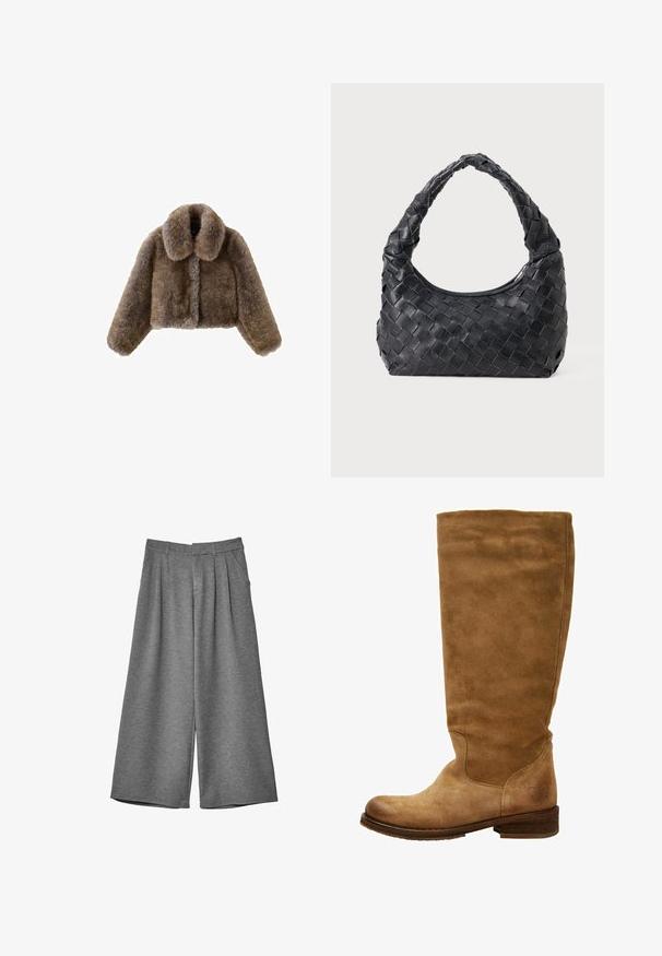 Giacca cropped in pelliccia sintetica marrone con un ampio colletto, maniche lunghe, superficie testurizzata e chiusura frontale. Dettagli di design morbidi e pelosi.; Maglietta nera a maniche lunghe in un tessuto morbido, con un ampio scollo e una vestibilità leggermente rilassata, priva di motivi visibili o dettagli in metallo.; Pantaloni cropped grigi a gamba larga con passanti per cintura, tasche laterali e pieghe frontali, realizzati in un tessuto morbido.; Stivale in suede marrone alto fino al ginocchio con punta arrotondata e tacco basso a blocco. Finitura liscia, cuciture minime e dettaglio del logo vicino al tacco.; Borsa a spalla intrecciata in pelle nera con manico rotondo e corpo a forma di mezzaluna su sfondo semplice.