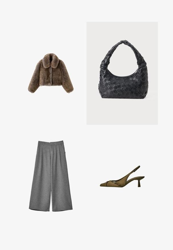 Hnědá umělá kožešinová zkrácená bunda s širokým límcem, plnými rukávy, texturovaným povrchem a předním zapínáním. Měkké a nadýchané designové detaily.; Dlouhé černé tričko z měkké látky, s širokým výstřihem a mírně volným střihem, bez viditelných vzorů nebo kovových detailů.; Šedé široké zkrácené kalhoty s poutky na opasek, bočními kapsami a předními záhyby, vyrobené z měkké tkaniny.; Sukně olivově zelené semišové lodičky na podpatku se špičatou špičkou, nastavitelným popruhem a detailním stříbrným sponou; nízký, rozšířený podpatek pro stabilitu.; Černá kožená tkaná taška přes rameno s zaoblenou rukojetí a měsíčkovým tvarem na jednobarevném pozadí.
