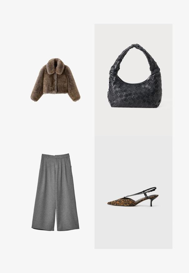Veste courte en fausse fourrure marron avec un large col, des manches pleines, une surface texturée et une fermeture à l'avant. Détails de design doux et pelucheux.; Haut noir à manches longues en tissu doux, avec un large col et une coupe légèrement ample, sans motifs visibles ni détails matériels.; Pantalons cropped larges gris avec passants de ceinture, poches latérales et plis à l'avant, fabriqués dans un tissu doux.; Chaussure à talon slingback en imprimé léopard avec un bout pointu, une sangle noire et un talon fin. Matériau en tissu avec une finition texturée.; Sac en cuir noir tissé avec une poignée arrondie et un corps en forme de croissant sur un fond uni.
