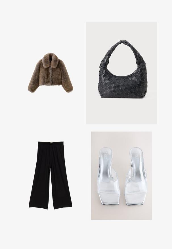 Brown faux fur cropped jacket with a wide collar, full sleeves, textured surface, and front closure. Soft and plush design details.; Long-sleeve black top in a soft fabric, featuring a wide neckline and a slightly loose fit with no visible patterns or hardware details.; Black wide-leg pants featuring a stretchy waistband. Fabric is smooth with a subtle drape, creating a relaxed silhouette. No patterns or accents.; Clear high-heeled mules with a transparent PVC upper and a square toe design. Reflective silver insoles and block heels complete the look.; Black leather woven shoulder bag with a rounded handle and crescent-shaped body on a plain background.