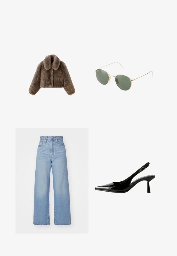 Giacca cropped in pelliccia sintetica marrone con un ampio colletto, maniche lunghe, superficie testurizzata e chiusura frontale. Dettagli di design morbidi e pelosi.; Maglietta marrone a maniche lunghe con scollatura a barca, caratterizzata da grandi pois bianchi e dettaglio arricciato in vita per un look aderente.; Jeans a vita alta blu chiaro con gamba larga, chiusura frontale con bottone e zip, tasche anteriori e posteriori, su uno sfondo bianco.; Pumps slingback in vernice nera con punta affilata, lati sagomati, cinturino alla caviglia regolabile e tacco sottile e slanciato.; Occhiali da sole con montatura metallica dorata, lenti verdi, forma rotonda, aste sottili e dettagli in plastica bianca sulle punte delle aste.; Borsa a tracolla in pelliccia sintetica marrone con design arricciato e chiusura con coulisse. Texture morbida, forma arrotondata e stile minimalista.; Orecchini a cerchio in oro con finitura testurizzata, caratterizzati da una fila di piccoli cristalli trasparenti lungo il bordo e un fermaglio a perno.