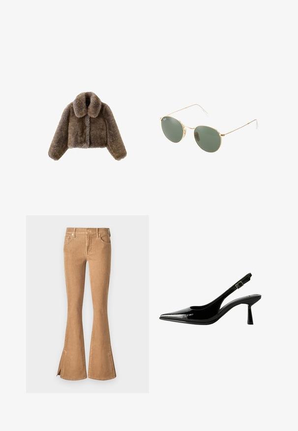 Brown faux fur cropped jacket with a wide collar, full sleeves, textured surface, and front closure. Soft and plush design details.; Brown long-sleeve top with a scoop neckline, featuring large white polka dots and gathered detail at the waist for a fitted look.; Brown corduroy flared jeans with a high waist, front pockets, and slit openings at the hem. Textured fabric with a ribbed pattern.; Black patent leather slingback pump with a pointed toe, cutout sides, adjustable ankle strap, and a thin, sleek heel.; Gold metal frame sunglasses with green lenses, round shape, thin temples, and white plastic accents on the tips of the arms.; Brown faux fur handbag with a gathered design and drawstring closure. Soft texture, rounded shape, and minimalistic style.; Gold hoop earrings with a textured finish, featuring a row of small clear crystals along the edge and a stud backing.