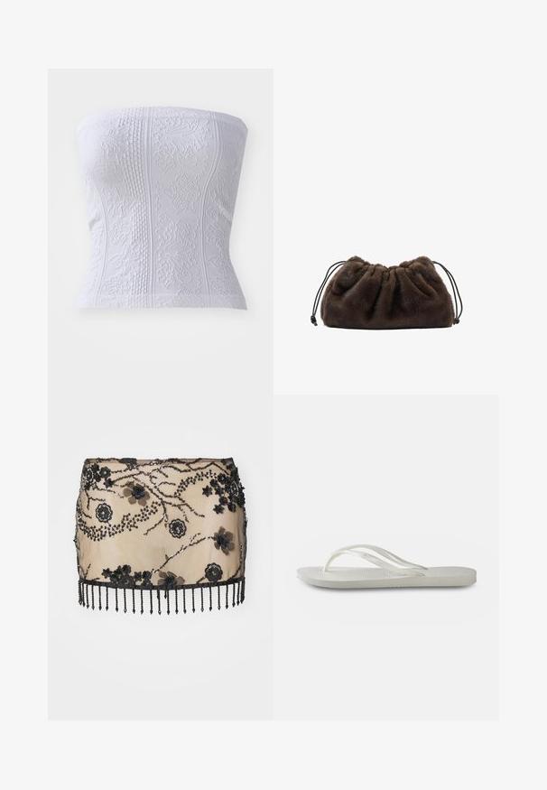 Brązowa kurtka z sztucznego futra, krótka, z szerokim kołnierzem, pełnymi rękawami, teksturowaną powierzchnią i zapięciem z przodu. Miękkie i puszyste detale designu.; Biała górna część bez ramiączek z teksturowanymi wzorami, z dodatkowym detalem w formie prążków oraz kwiatowymi motywami, podkreślająca dopasowaną sylwetkę.; Czarna mini spódnica ozdobiona aplikacjami w kształcie kwiatów, cekinami oraz koralikowym wykończeniem dołem. Wykonana z przezroczystego materiału z misternymi detalami.; Białe klapki z teksturowaną podeszwą, z cienkimi paskami i płaskim fasonem. Wykonane z gumy, z subtelnym logo na wkładce.; Miękki, ciemnoszary torba-kosmetyczka z sztucznego futra, z zebranym górnym brzegiem i czarnymi sznurkami ściągającymi po obu stronach.; Złoty naszyjnik z delikatnym łańcuszkiem z małymi, równomiernie rozmieszczonymi koralikami oraz okrągłym wisiorkiem. Wisiorek ma gładką, odblaskową powierzchnię.