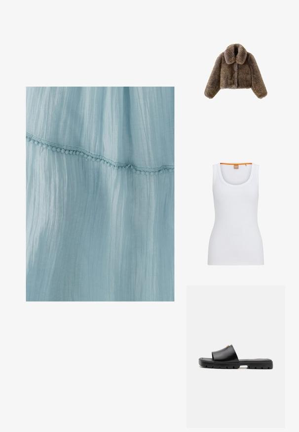 Bruine nepbont cropped jas met een brede kraag, volle mouwen, een gestructureerd oppervlak en een sluiting aan de voorkant. Zachte en pluche ontwerpelementen.; Witte geribde tanktop met een ronde halslijn, met een contrasterende oranje accent op de binnenste kraag en een getailleerde pasvorm.; Lichtblauwe jurk van gekreukt stof, met een decoratieve kantafwerking langs de zoom. De textuur is zacht en luchtig.; Zwarte muiltjes met een gladde, matte leren bovenkant en een dikke, gestructureerde rubberen zool. Opvallende gouden hardware-accent op de bovenkant. Eenvoudig, open ontwerp.; Zachte donkerbruine nepbont pouch tas met een geplooide bovenkant en zwarte trekkoorden aan elke kant.