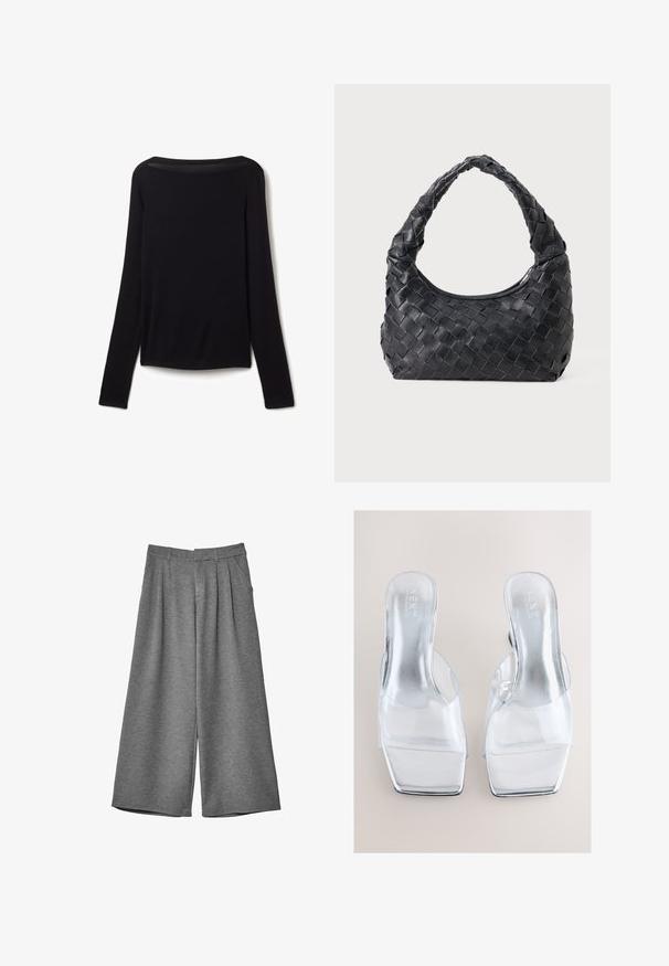 Braune Kunstpelz-Shortjacke mit breitem Kragen, vollem Ärmeln, strukturierten Oberflächen und Frontverschluss. Weiche und plüschige Designelemente.; Langarmshirt aus schwarzem, weichem Stoff, mit weitem Ausschnitt und leicht lockerer Passform, ohne sichtbare Muster oder Hardware-Details.; Graue weit geschnittene cropped Hosen mit Gürtelschlaufen, seitlichen Taschen und vorderen Falten, aus einem weichen Stoff gefertigt.; Klare High-Heel-Mules mit einem transparenten Obermaterial aus PVC und einem quadratischen Zehendesign. Reflektierende silberne Innensohlen und Blockabsätze vervollständigen das Erscheinungsbild.; Schwarze Leder Schultertasche mit geflochtenem Tragegriff und halbrunder Form auf einem einfarbigen Hintergrund.