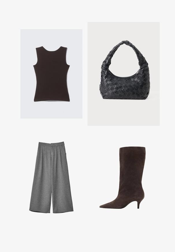 Braune Kunstpelz-Shortjacke mit breitem Kragen, vollem Ärmeln, strukturierten Oberflächen und Frontverschluss. Weiche und plüschige Designelemente.; Ärmelloses, schokoladenbraunes Oberteil aus weichem Stoff. Hat einen runden Ausschnitt und eine glatte Textur, ohne sichtbare Muster oder Akzente.; Graue weit geschnittene cropped Hosen mit Gürtelschlaufen, seitlichen Taschen und vorderen Falten, aus einem weichen Stoff gefertigt.; Braune Wildleder-Stiefel bis zum Knie mit spitzem Fuß und mittelhohem Absatz, die eine glatte Textur und ein elegantes Design aufweisen.; Schwarze Leder Schultertasche mit geflochtenem Tragegriff und halbrunder Form auf einem einfarbigen Hintergrund.