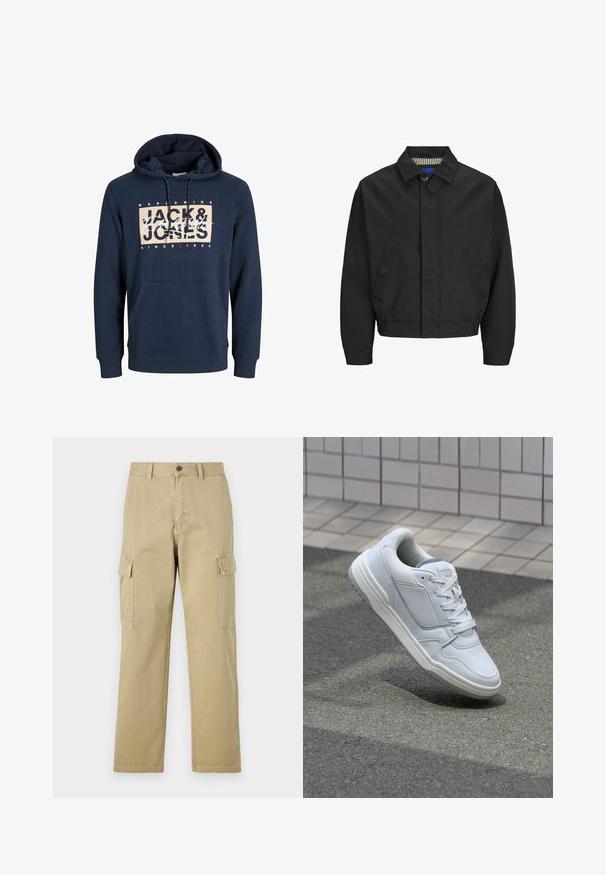 Giacca nera corta con colletto classico, due tasche frontali e orlo elasticizzato. Texture liscia con chiusura a bottone.; Felpa blu navy realizzata in misto cotone, con tasca frontale a marsupio, cappuccio con cordino e logo stampato sul petto.; Pantaloni cargo beige in cotone, dotati di due tasche laterali, chiusura con bottone e gamba dritta con tessuto leggermente texture.; Sneaker bianca in pelle con lati perforati, accenti testurizzati, lacci piatti e tallone grigio a contrasto. Presenta una suola leggermente elevata.