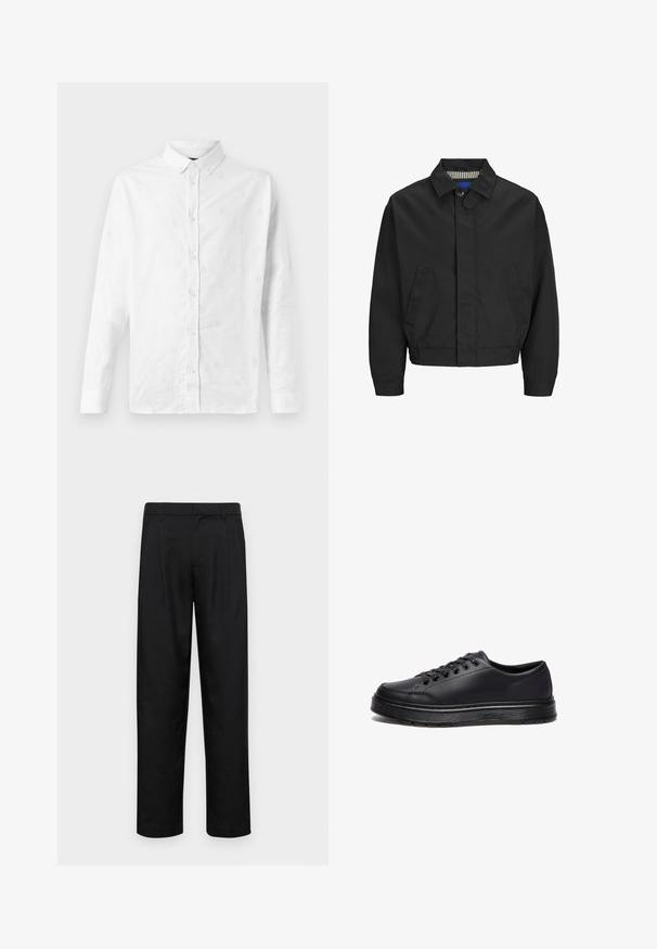 Giacca nera corta con colletto classico, due tasche frontali e orlo elasticizzato. Texture liscia con chiusura a bottone.; Camicetta bianca a maniche lunghe in cotone, caratterizzata da un ricamo a motivi discreti, colletto con bottoni e chiusura frontale con bottoni.; Pantaloni neri realizzati in tessuto liscio, caratterizzati da un taglio dritto, due pieghe frontali e una vita standard con passanti per la cintura.; Sneaker nere a scarpa bassa realizzate in materiale sintetico liscio, con lacci tondi, sei occhielli e una suola in gomma testurizzata con accenti bianchi.