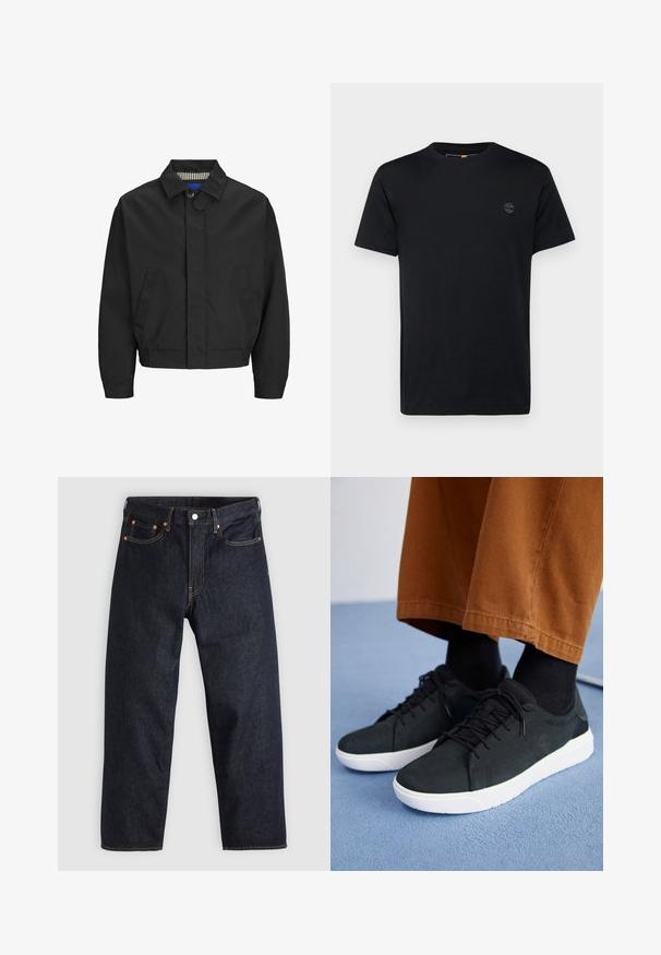 Chaqueta corta negra con un cuello clásico, dos bolsillos frontales y un bajo elástico. Textura suave con cierre de botón.; Camiseta de algodón negra con cuello redondo, mangas cortas y un pequeño logotipo bordado en el pecho. Textura suave, corte clásico.; Jeans de denim azul oscuro con corte recto, cinco bolsillos, costuras en naranja contrastante y cierre de botón. Sin patrones ni adornos visibles.; Zapatillas de ante negro con suelas de goma blanca, que presentan un diseño con cordones, acentos texturizados y una marca sutil, combinadas con pantalones marrones.