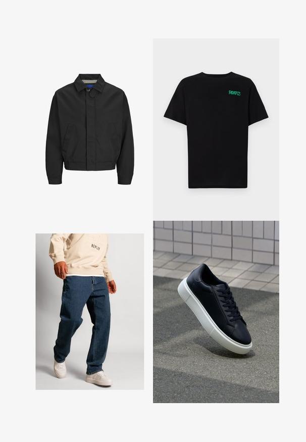 Chaqueta corta negra con un cuello clásico, dos bolsillos frontales y un bajo elástico. Textura suave con cierre de botón.; Camiseta negra de algodón con mangas cortas. Presenta un logo verde "ROOTS" en el frente, escote redondo y corte estándar.; Vaqueros de mezclilla azul con un corte holgado, que cuentan con un cierre estándar y costuras en contraste, combinados con zapatillas en blanco roto y una sudadera de color beige claro.; Zapatilla de cuero negro con punta redonda y suela de goma blanca. Presenta cordones planos y un mínimo de costuras en la parte superior. Suela texturizada para proporcionar agarre.