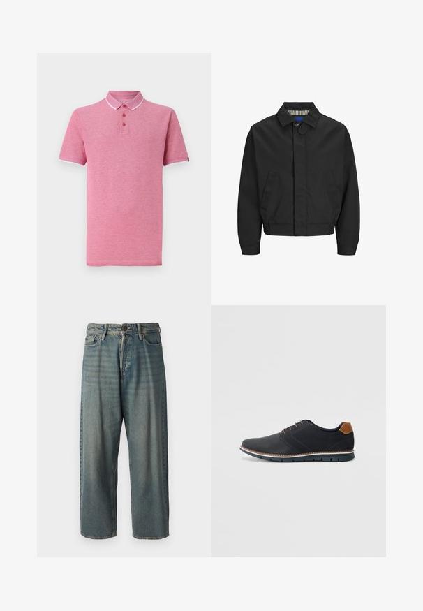 Černá zkrácená bunda s klasickým límcem, dvěma předními kapsami a elastickým lemem. Hladká textura s knoflíkovým zapínáním.; Růžová polo košile s krátkým rukávem, žebrovaným límcem, středovým zapínáním na tři knoflíky a kontrastním bílým lemováním kolem límce a rukávů.; Světle modré denimové džíny s volným střihem, středně vysokým pasem a rovnými nohavicemi. Obsahují pět kapes, poutka na opasek a zapínání na knoflík.; Černé syntetické boty s texturovaným svrškem, hladkými detaily, hnědým podpatkem a kontrastní podrážkou. Obsahují minimální šněrování a švy.