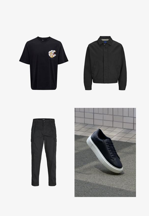 Melnā, īsā jakā ar klasisku apkakli, divām priekšējām kabatām un elastīgu apakšmalu. Gluda tekstūra ar pogu aizdari.; Melna kokvilnas T-krekls ar īsām piedurknēm; tam ir krāsains grafikas attēls ar varoni, kuram ir tvaikojoša tvertne, izdrukāts kreisajā pusē.; Melnas kravas bikses, izgatavotas no izturīga auduma, ar vairākiem kabatām, pogu aizdari un šaura piegriezuma dizainu ar sašaurinātiem kāju apakšiem.; Melnas ādas kedas ar noapaļotu pirkstu un baltu gumijas zoli. Iespējas - plakanas šņorītes un minimāla apdare augšdaļā. Struktūrēta zole, lai nodrošinātu saķeri.