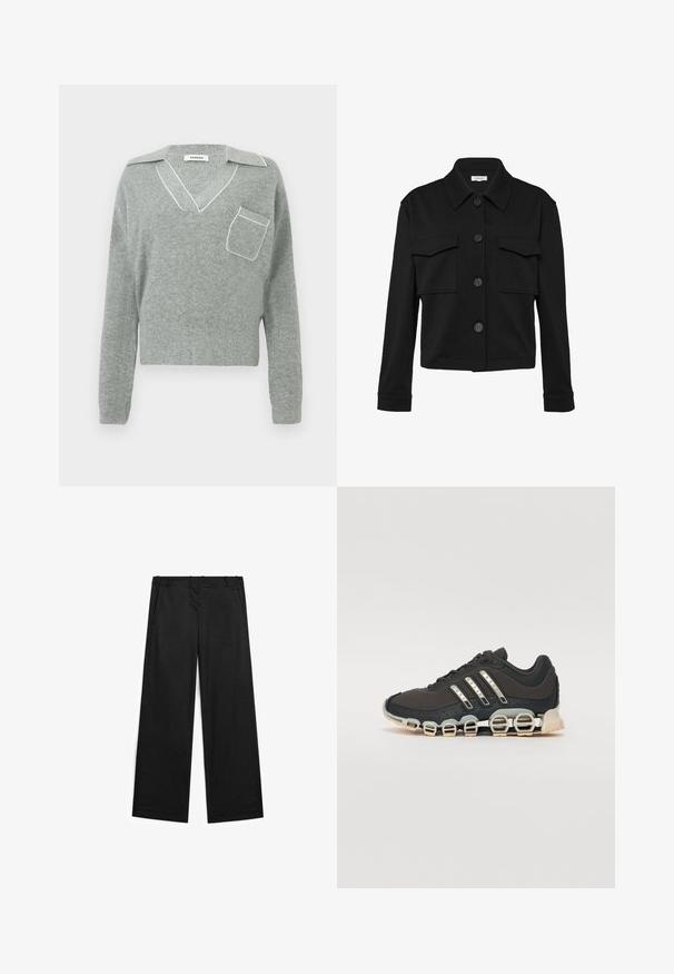 Giacca nera corta con collo a camicia, due tasche sul petto e chiusura con bottoni. Realizzata in un tessuto morbido e leggero.; Maglione grigio lavorato a maglia con scollatura a V e bordo bianco a contrasto, dotato di tasca frontale e maniche lunghe. Texture leggera.; Pantaloni neri a gamba larga realizzati in un tessuto misto cotone, con una trama liscia, tasche frontali e dettagli di cucitura minimal.; Scarpa da ginnastica nera con tomaia testurizzata, tre strisce argentate e una suola ammortizzata distintiva con più sezioni integrate.
