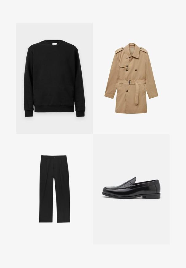 Bež trench kaput s dvostrukim kopčanjem, ramenskim epauletama, pojasom u struku i dva prednja džepa. Izrađen od glatkog materijala.; Crna dukserica od mješavine pamuka; ima okrugli izrez, duge rukave i rebraste manžete i donji rub za udobno pristajanje.; Crne hlače ravnog kroja, izrađene od glatkog materijala. Imaju prednje nabore i jedan dugme na struku.; Crne kožne mokasine s zaobljenim vrhom, dekorativnim šavovima i niskim potplatom. Glatka tekstura s suptilnim sjajem. Klasičan dizajn bez ukrasa.