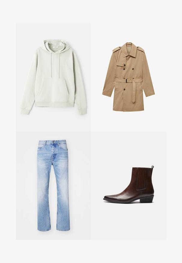 Bež plašč s dvojno zadrgo, epauleti na ramenskem delu, pasom in dvema sprednjima žepoma. Narejen iz gladkega blaga.; Svetlo siva kapuca iz mehkega blaga, z kenguru žepom, nastavljivim kapuco z vrvico in minimalnim logotipom spredaj.; Svijetloplave traperice sa ravnim nogavicama, koje imaju klasičan dizajn s pet džepova i suptilan izblijedjeli uzorak.; Rjave usnjene gležnjarje s koničastim prstom, elastičnimi stranskimi paneli, teksturiranimi detajli spredaj in nizkim zloženim petami.