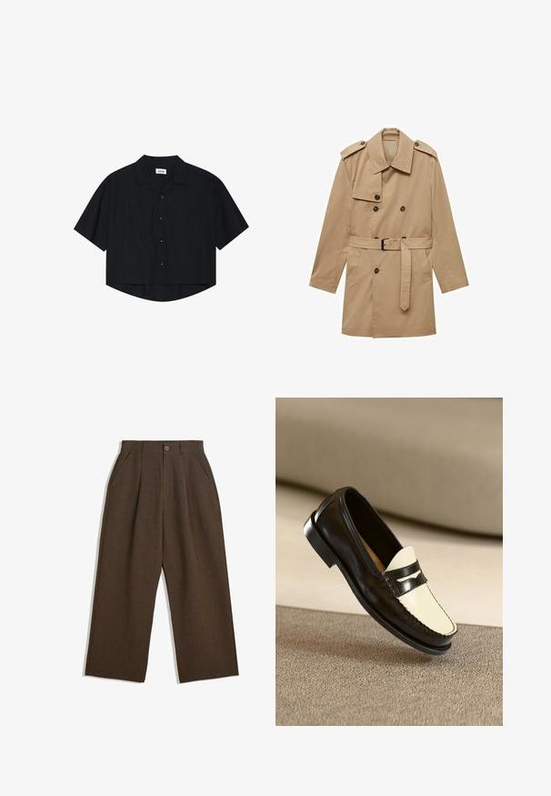 Beżowy płaszcz o podwójnym zapięciu, z naramiennikami, paskiem w talii i dwiema kieszeniami z przodu. Wykonany z gładkiego materiału.; Czarna koszula z krótkim rękawem zapinana na guziki, z kołnierzykiem i przednią kieszenią, charakteryzująca się lekko zaokrąglonym dołem oraz luźnym krojem.; Brązowe spódnie z plisami w szerokim kroju, z zapięciem na guziki i bocznymi kieszeniami, wykonane z teksturowanej tkaniny, idealne na codzienne okazje.; Czarny skórzany loafer z kremowym wierzchem i czarnymi paskami akcentującymi, z niskim obcasem i szczegółowym przeszyciem wzdłuż krawędzi.