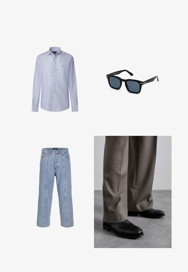 Vaaleanruskea trench-coat, jossa on tupla-rivi nappeja, olkatoppaukset, vyöllä varustettu vyötärö ja kaksi etutaskua. Valmistettu sileästä kankaasta.; Raidallinen vaaleansininen ja valkoinen puuvillapaita pitkällä hihalla, jossa on nappikaulus ja pieni brodeeraus logo rinnassa.; Vaaleansiniset farkut, joissa on löysä istuvuus, leveät lahkeet ja näkyvät ompelu részletek. Sisältää napin ja vetoketjun sulkemisen, viisi taskua.; Mustat nahkakengät, joissa on teräväkärkinen muotoilu, yhdistettynä harmaisiin, räätälöityihin housuihin. Kengissä on matala korko ja sileä pinta.; Mustat neliömäiset aurinkolasit tummilla linsseillä, mattapintaiset ja kultaiset metalliset yksityiskohdat temppeleissä, minimalistinen muotoilu.