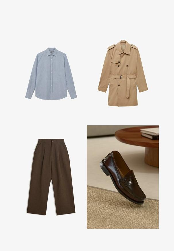 Tan trenčkot s dvojitým zapínáním, ramenními výložkami, páskem v oblasti pasu a dvěma předními kapsami. Vyroben z hladké tkaniny.; Mos Mosh Gallery MARCO - Košile - light blue; Hnědé skládací kalhoty s širokým střihem, vybavené zapínáním na knoflík a bočními kapsami, vyrobené z texturované tkaniny vhodné pro volnočasové nošení.; Hnědé kožené loafery s lesklým povrchem, zdobené prošíváním vpředu a nízkoprofilovou černou gumovou podrážkou.