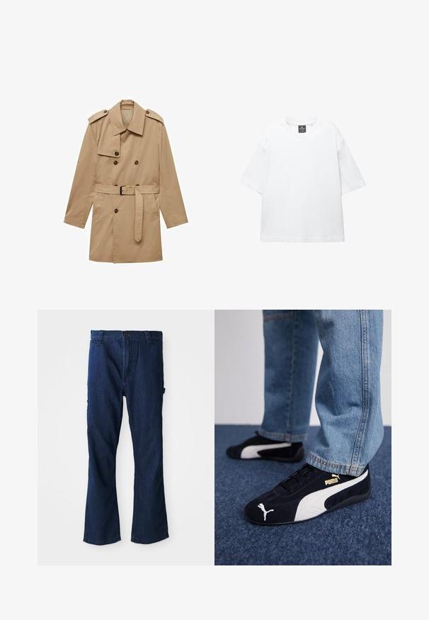 Tan trench coat featuring a double-breasted design, shoulder epaulets, a belted waist, and two front pockets. Made from smooth fabric.; White short-sleeve t-shirt made of cotton, featuring a round neckline and relaxed fit with straight hem. No patterns or embellishments.; Blue denim jeans featuring a straight leg design, a button closure, and two side pockets with a slight fade in texture.; Black suede sneakers with white accents, featuring a gold logo. Worn with light blue denim jeans and set on a textured blue surface.