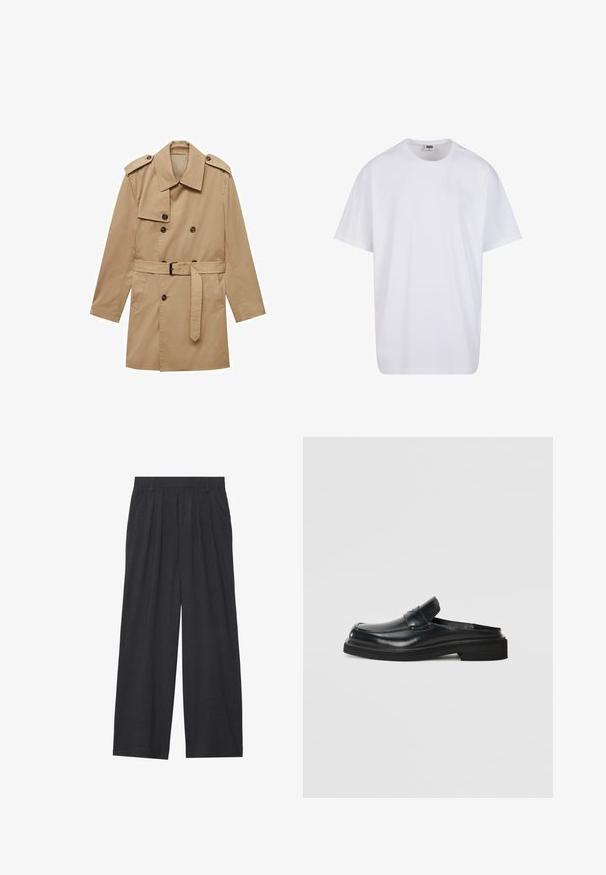 Vaaleanruskea trench-coat, jossa on tupla-rivi nappeja, olkatoppaukset, vyöllä varustettu vyötärö ja kaksi etutaskua. Valmistettu sileästä kankaasta.; Valkoinen puuvillainen t-paita, jossa on lyhyet hihat, pyöreä kaula-aukko, rento istuvuus ja ei näkyviä logoja tai kuvioita. Sileä pinta ja minimaalinen muotoilu.; Suorat lahkeet valmistettu tummanharmaasta kankaasta. Ominaisuuksiin kuuluu laskokset vyötäröllä, muotoilu on siisti ja siluetti suora.; Musta nahkainen liukukengät pyöreällä kärjellä, kohotetulla etupaneelilla ja paksulla kumipohjalla. Sujuva rakenne, jossa on minimaalista yksityiskohtaisuutta.