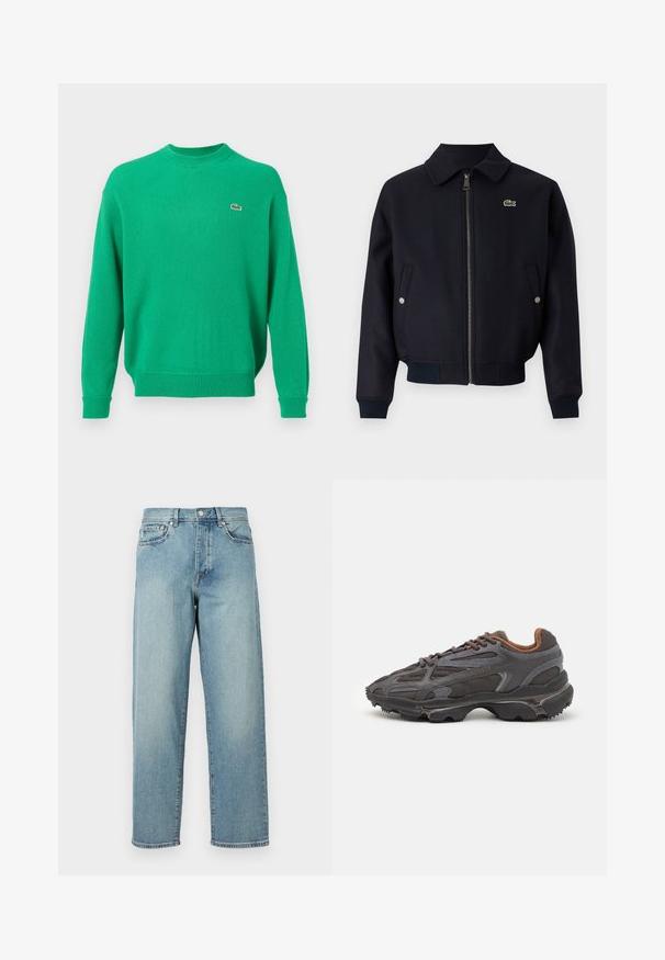 Casaco azul-marinho com fecho e colarinho, punhos canelados, bolsos laterais e um pequeno logotipo verde no lado esquerdo do peito. Tecido texturizado.; Lacoste Camisola - calathea; Jeans de denim azul claro com um corte solto, pernas retas, design de cinco bolsos e fecho de botão na cintura. Detalhe de costura minimalista.; Ténis Lacoste em cinza-escuro com material em malha e sintético, apresentando uma sola texturizada e detalhes castanhos na gola e na marca.