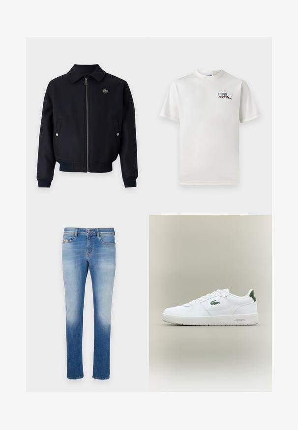 Sötétkék zipzáras dzseki, galléros nyakkal, bordás mandzsettákkal, oldalsó zsebekkel és egy kis zöld logóval a bal mellrészen. Texturált anyag.; Fehér pamut póló kerek nyakkivágással, rövid ujjal és egy kis gépi hímzésű logóval, amely hegyeket és szöveget ábrázol a bal mellen.; Kék farmernadrág, enyhén beszűkített fazonnal, világos mosással és kopással, klasszikus ötpocket stílusban, gombos záródással a deréknál.; Fehér bőr sneaker sima felülettel, zöld akcentussal a saroknál, és zöld logóval az oldalon. Lapos talpa és kerek orra van.