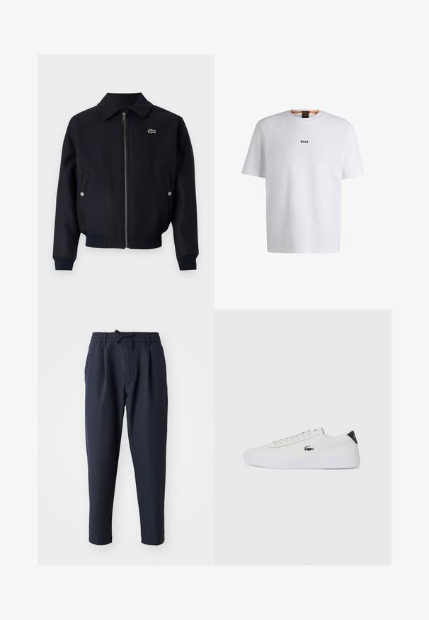 Sötétkék zipzáras dzseki, galléros nyakkal, bordás mandzsettákkal, oldalsó zsebekkel és egy kis zöld logóval a bal mellrészen. Texturált anyag.; Fehér pamut póló rövid ujjakkal, középen fekete "BOSS" logóval a mellkason és kerek nyakú kialakítással.; Tengerészkék nadrág, gumis derékkal, húzózsinórral, szűkített lábujjakkal, sima textúrával és oldalsó zsebekkel.; Fehér bőr sportcipő kerek orral, fűzős elülső résszel és fekete sarok akcentussal. Oldalán egy kis hímzett krokodil logóval rendelkezik.