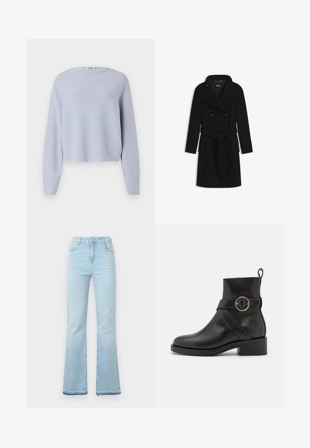 Black double-breasted long coat with wide lapels, button closure, belted waist, and side pockets, laid flat on a white background.; Light blue sweater, cropped design with long sleeves. Made from soft textured fabric, featuring a classic round neckline and ribbed accents.; Light blue flared jeans made of denim, featuring a high waist, front pockets, and a raw hem at the cuffs for a casual look.; BOSS IRYNA BOOTIE - Platform ankle boots - black