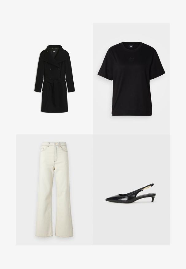 Schwarzer, doppelt geknöpfter, langer Mantel mit breiten Revers, Knopfverschluss, tailliertem Gürtel und seitlichen Taschen, flach auf einem weißen Hintergrund ausgelegt.; Schwarzes Baumwoll-T-Shirt mit Rundhalsausschnitt, kurzen Ärmeln und aufgesticktem Logo auf der Brust. Einfacher, lässiger Schnitt ohne Muster.; Hochgeschnittene beigefarbene Denim-Jeans mit weitem Bein, ausgestattet mit einer hellen Stickerei und einem Reißverschluss vorne. Keine sichtbaren Taschen.; Schwarze Leder-Slingback-Pumps mit spitzem Schuhblatt, ausgestattet mit einem schlanken Absatz und einem goldfarbigen Akzent am verstellbaren Riemen. Glatte Textur.