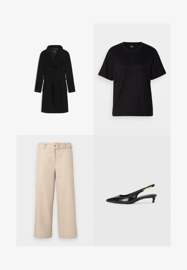 Black double-breasted long coat with wide lapels, button closure, belted waist, and side pockets, laid flat on a white background.; Black cotton t-shirt with a crew neckline, short sleeves, and an embroidered logo on the chest. Simple, relaxed fit with no patterns.; Beige, wide-leg trousers made of smooth fabric. Features a belted waist and two side pockets. Clean seams and finished hem.; Black leather slingback heels with a pointed toe, featuring a slim heel and a gold-tone accent on the adjustable strap. Smooth texture.