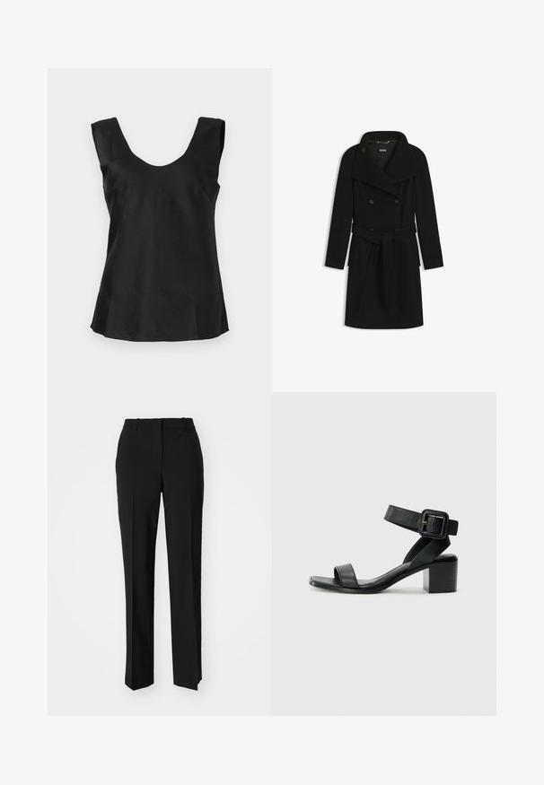 Black double-breasted long coat with wide lapels, button closure, belted waist, and side pockets, laid flat on a white background.; Black sleeveless top with a rounded neckline, featuring a smooth, slightly glossy fabric and a flared hemline.; Black tailored trousers with a straight-leg design, featuring a smooth texture and crisp creases along the front. No visible hardware.; Black leather heeled sandal with adjustable ankle strap, open toe design, and a square block heel. Smooth texture, minimalistic style.