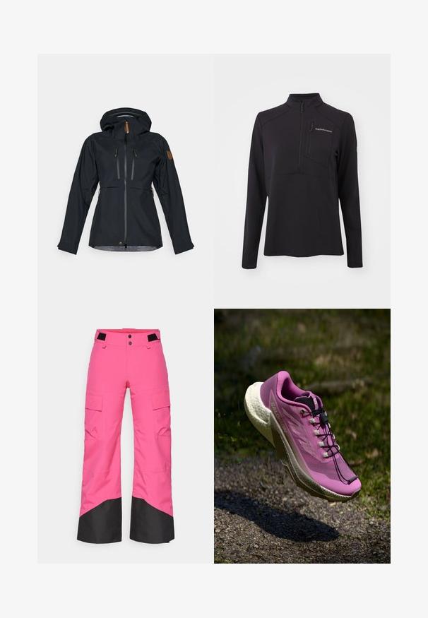 Musta vedenpitävä takki, jossa on huppu, kaksi vetoketjullista rintataskua ja ruskealla nahkavetimellä varustetut vetoketjut. Sileä pinta ja säädettävät hihansuut.; Mustat pitkät hihat pulloveri, joka on valmistettu teksturoidusta materiaalista. Mallissa on puolikuvioinen vetoketju, korkea kaulus ja vetoketjullinen rintatasku. Brändin logo edessä.; Vaaleanpunaiset hiihtohousut, joissa on musta alaosa, valmistettu kestävästä materiaalista. Sisältää tavarataskuja ja leveät lahkeet mukavuutta ja liikkuvuutta varten.; Kevyt vaaleanpunainen juoksujalkine hengittävällä verkkoainesosalla, valkoisella tekstuurilla varustetulla pohjalla ja mustilla nauhoilla. Ominaisuudet virtaavassa muotoilussa suorituksen parantamiseksi.