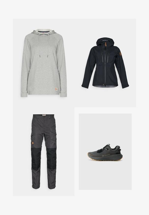 Melnas ūdensizturīgas jakas ar kapuci, divām ar rāvējslēdzējiem aizveramām krūšu kabatām un rāvējslēdzējiem ar brūnām ādas vilkšanām. Gluda tekstūra ar regulējamiem piedurknēm.; Pelēka kapucīna džemperis ar garām raglan piedurknēm, savelkams uz kakla, ribinātām aprocēm un logotipa uzlīmi tuvu apakšmalai.; Tumši pelēki kravu bikses ar melnām ceļu paneļu akcentēm, daudziem sānu kabatām un brūnu logotipa uzšuvumu uz augšstilba. Izturīgs audums ar taisnu piegriezumu.; Columbia TERRASTRIDE CRZ - Pārgājienu apavi - shark/black