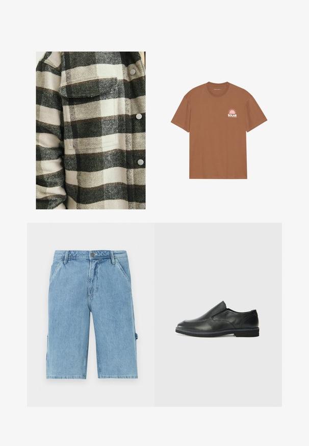 Karirana flanelska košulja u krem i tamnozelenoj boji. Sadrži džep na prsima, dugmad i mekan, teksturiran materijal.; Smeđi kratki rukavi majica od pamuka, s rozim grafikom sunca i natpisom "SOLAR" na lijevom prsnom dijelu. Dizajn s okruglim izrezom.; Svijetloplave traper kratke hlače ravnog kroja, s prednjim džepovima i bočnim cargo džepom, prikazujući izblijedjelu teksturu i petlje za remen na struku.; Crne kožne cipele na sklapanje s glatkom gornjom površinom, prošivenim detaljima, zaobljenim vrhom i niskim gumene potplate. Potplat ima minimalne uzorke.