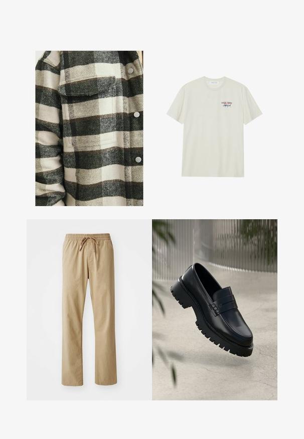 Checkered flannel shirt in cream and dark green. Features a chest pocket, buttons, and a soft, textured fabric.; Light cream cotton t-shirt with short sleeves. Features a small blue and red graphic of a marlin and "MARLIN TROPHY" text.; Light beige trousers with an elastic waistband and drawstring. Made of soft fabric, featuring straight legs and a smooth texture.; Black leather loafers with a chunky tread sole, featuring a decorative strap and stitching detail. Smooth texture with a polished finish.