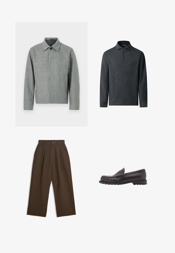 Grau kariertes Sakko mit Kragen, vorderem Knopfverschluss, langen Ärmeln und taillierter Passform. Aus strukturiertem Stoff mit Muster.; Dunkelgraues Langarm-Polohemd aus strukturiertem Stoff, mit Kragen und einer Drei-Knopfleiste. Verfügt über einen geraden Saum und dezente Nähte.; Braune Plisseehosen mit weitem Bein, ausgestattet mit einem Knopfverschluss und seitlichen Taschen, aus strukturiertem Stoff, der sich gut für Freizeitkleidung eignet.; Braune Lederloafers mit runder Zehenform, gestickten Details und einer niedrigen Gummisohle. Glatte Oberfläche mit einem subtilen Glanz.
