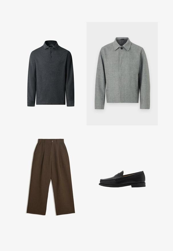 Šedá kockovaná bunda s golierom, predným zapínaním na gombíky, dlhými rukávmi a vyváženým strihom. Vyrobená z textúrovanej tkaniny so vzorom.; Tmavo šedá polo košeľa s dlhým rukávom, vyrobená z texturovanej tkaniny, s golierom a zapínaním na tri gombíky. Má rovný lem a jemné švy.; Hnedé plisované nohavice s širokým strihom, vybavené zapínaním na gombík a bočnými vreckami, vyrobené z textúrovaného materiálu vhodného na neformálne nosenie.; Mango Elegantné našuchovačky - black