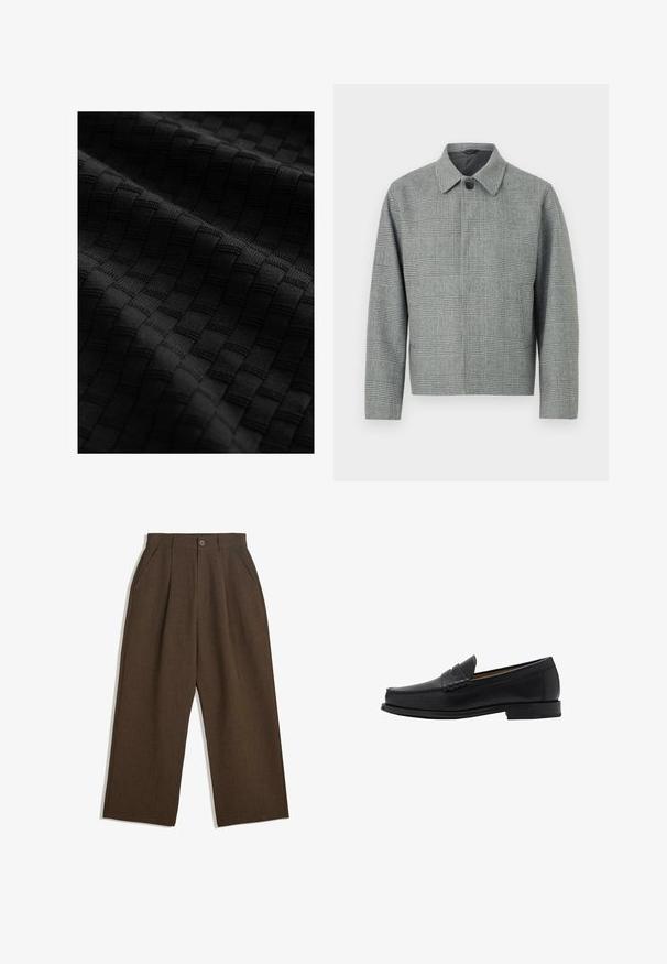 Gråternet jakke med krave, knaplukning foran, lange ærmer og en struktureret pasform. Lavet af tekstureret stof med et mønster.; Sort tekstureret stof med et vævet mønster af hævede firkanter, der viser en glat overflade og indviklet detaljer.; Brune, plisserede bukser med et vidde-design, der har en knaplukning og sidelommer, lavet af struktureret stof, der er egnet til afslappet brug.; Mango Business loafers - black