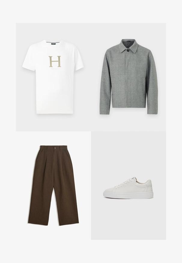 Grijze geruite jas met een kraag, sluiting met knopen aan de voorkant, lange mouwen en een gestructureerde pasvorm. Gemaakt van textiel met een patroon.; Witte katoenen T-shirt met korte mouwen. Heeft een grote gouden letter "H" en de merknaam "Hackett" eronder in een subtiel lettertype. Zachte textuur.; Bruine geplooide broeken met een wijdvallend ontwerp, voorzien van een knoopsluiting en zijzakken, gemaakt van een textiel dat geschikt is voor casual wear.; Witte leren lage sneakers met een ronde neus, platte witte rubberen zool en minimalistische stikseldetails. Veters vastgemaakt via zes oogjes.