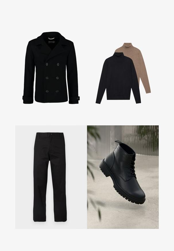 Zwarte dubbelbreasted peacoat van wol, met een notch-kraag, grote knopen en oprolbare mouwen. Glad textuur met een getailleerde pasvorm.; Twee lange mouwen turtleneck sweaters, één in zwart en één in lichtbruin, gemaakt van zachte gebreide stof met een aansluitend ontwerp en geribbelde manchetten.; Zwarte katoenen broek met rechte snit, knoopsluiting en riemlussen met minimale stikdetails.; Zwarte leren enkelboots met een ronde neus, vetersluiting en robuuste rubberen zool. Gladde textuur met een bevestigingslus aan de achterkant.