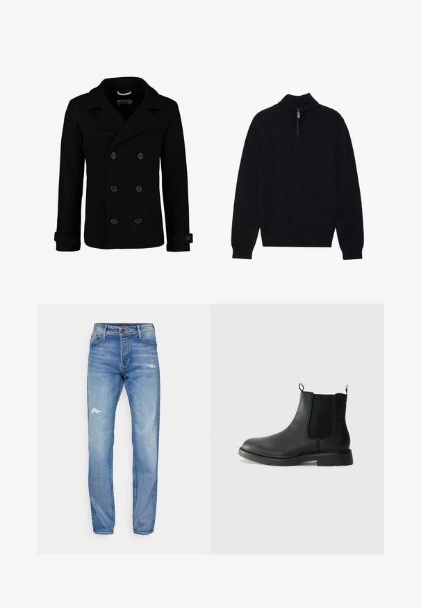 Černý dvouvrstvý peeling z vlny, s klopovým límcem, velkými knoflíky a ohrnutými manžetami. Hladký materiál s přizpůsobeným střihem.; Černý svetr s vysokým límcem a půlovým zipem, vyrobený z měkké, texturované tkaniny. Obsahuje žebrované manžety a lem.; Světlé modré džínové kalhoty s rovnými nohavicemi, které mají distressed detaily a jemné blednutí. Klasický design s pěti kapsami, zapínání na knoflík.; Černé kožené chelsea boty s elastickými bočními panely, poutky na patě, kulatou špičkou a strukturovanou gumovou podrážkou. Hladký povrch a robustní design.