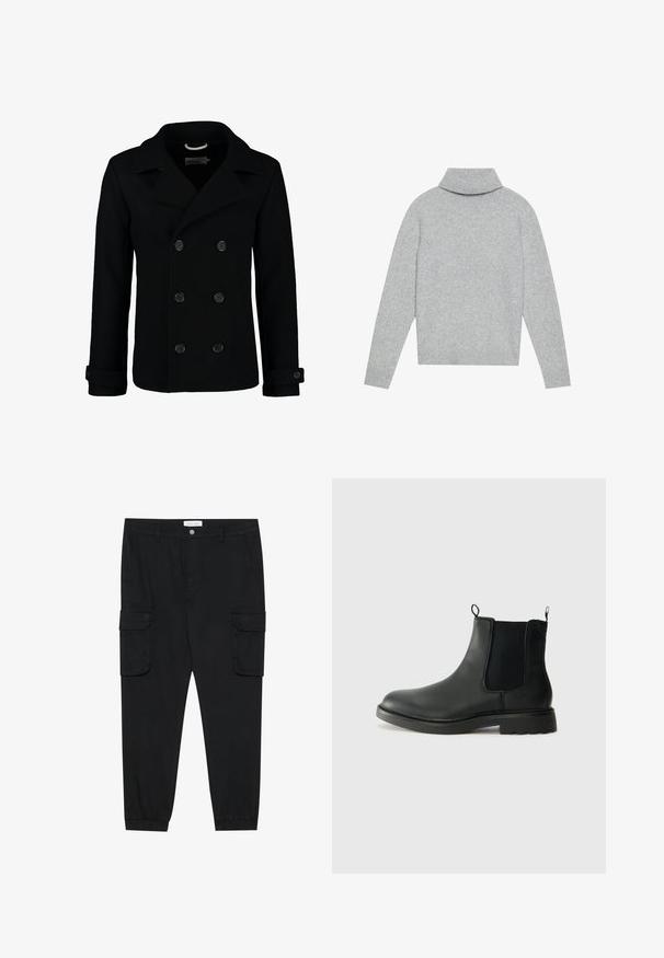 Black double-breasted peacoat made of wool, featuring a notched collar, large buttons, and rolled cuffs. Smooth texture with a tailored fit.; Light gray turtleneck sweater with ribbed collar and cuffs, crafted from soft knit material. Features a relaxed fit and solid color.; Black cargo pants with straight legs, elastic cuffs, and multiple side pockets. Made of textured fabric with a button closure.; Black leather chelsea boots with elastic side panels, pull tabs, rounded toe, and textured rubber sole. Smooth surface and sturdy design.