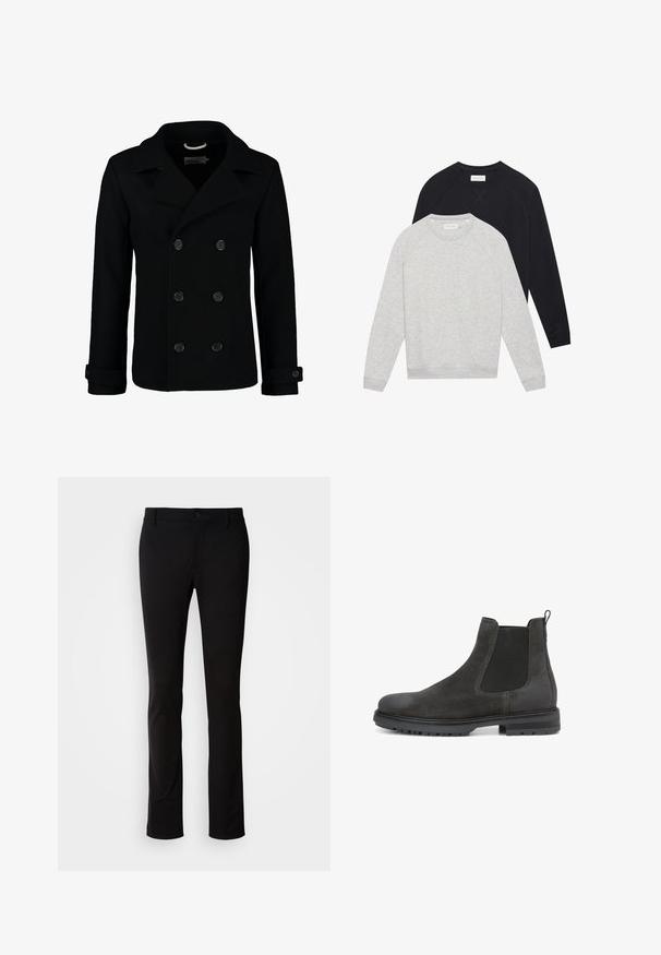 Schwarzer doppelt geknöpfter Peacoat aus Wolle, mit einem Reverskragen, großen Knöpfen und umgeschlagenen Manschetten. Glatte Textur mit taillierter Passform.; Zwei Langarm-Sweatshirts mit Rundhalsausschnitt, eines hellgrau und vorne übereinandergelegt, das andere schwarz, beide mit gerippten Bündchen und Saum.; Schwarze Hose aus glattem Stoff, mit Knopfverschluss, Gürtelschlaufen und geradem Bein. Keine sichtbaren Muster oder Akzente.; Männliche dunkelgraue Wildleder Chelsea-Boots mit schwarzer elastischer Seitenpartie und robuster Sohle, von der Außenseite auf weißem Hintergrund gezeigt.
